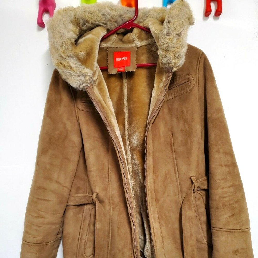 Esprit Large Suede Jacket Faux Fur Trim Hood Large